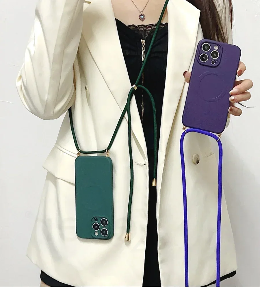 Custodia magnetica in silicone liquido con cordino a tracolla per iPhone16 15 Pro Max 14 13 12 11 Collana per copertura di ricarica wireless Magsafe