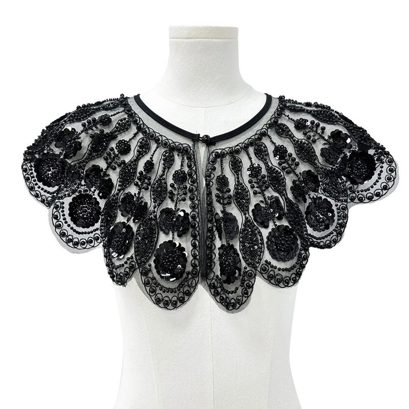 Embroidered Nailed Beads Mesh Collar Buttoned Shawl Woman Detachable Elegant Shawl Collar Bride Wedding Party Decorative