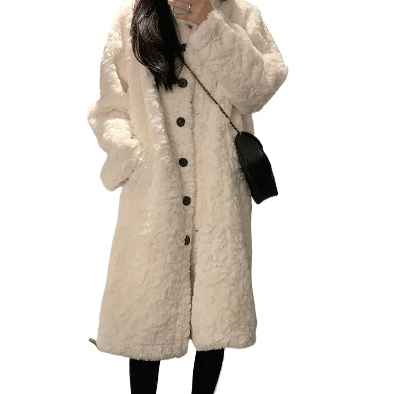 2022 Lamb Hair Coat Women\'s Long Coat Knee Length Imitation Rabbit Hair Fur Thickened Loose Stand Collar