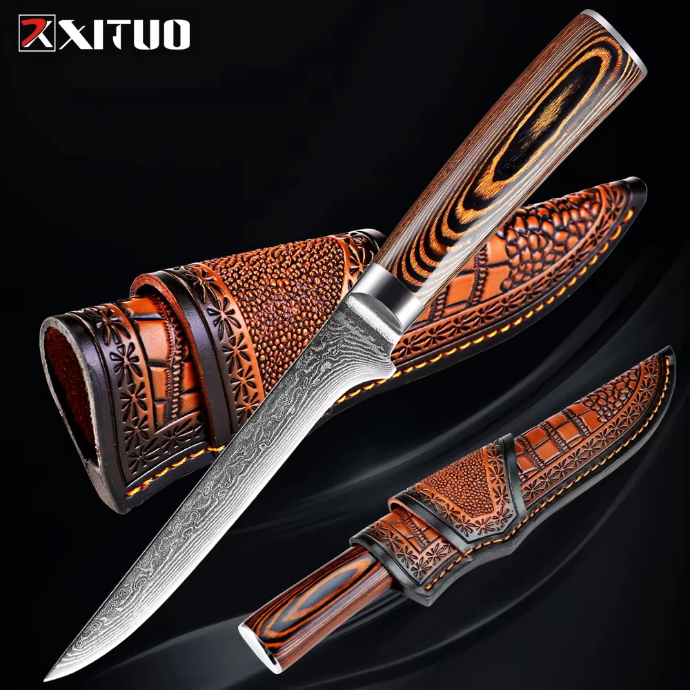 Damascus Steel Boning Knife Razor Sharp Kitchen Utility Fish Killing Knife Deboning Knife Sashimi Knife with Cowhide Sheath