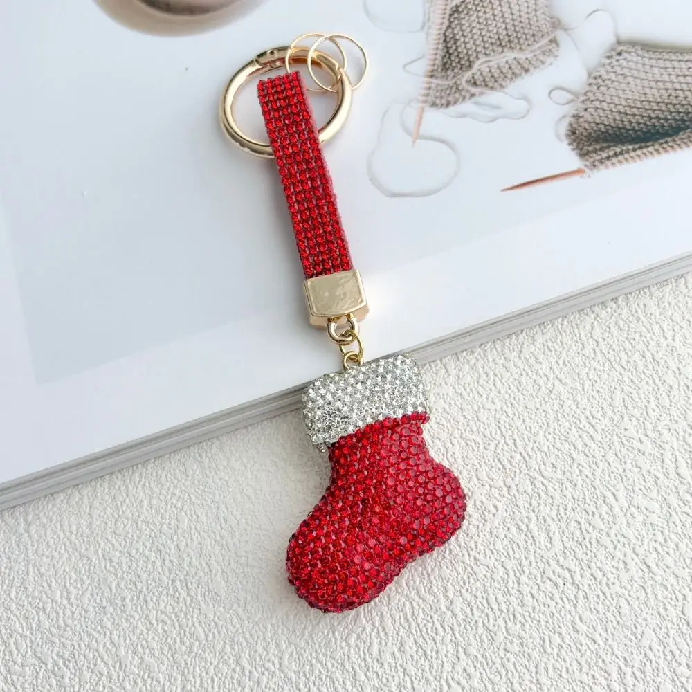 Santa Claus Rhinestone Christmas Keychain Christmas Stocking Christmas Hat Metal Xmas Pendant Ornaments Blingbling