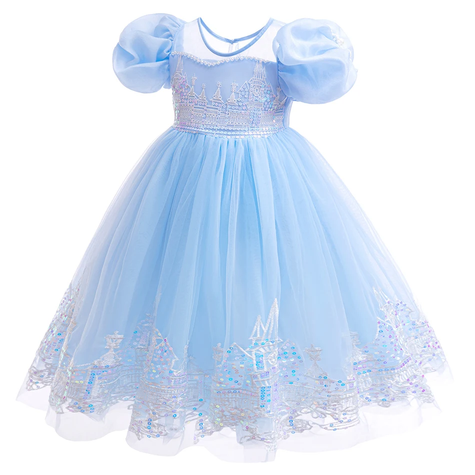 Girls Luxury Elsa Princess Dress Girls Puff Sleeve Sequin Castle Decoration Dress Carnival Ball Costume For Kids Birthday Gifts