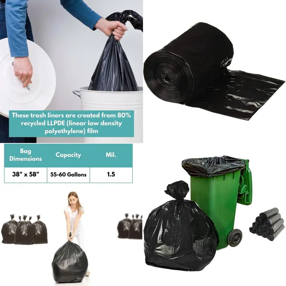 

Heavy-Duty 55-60 Gallon Black Trash Bags, 100 Pack, 1.5 Mil, Ideal for Kitchens, Warehouses, Offices, and Janitorial Use