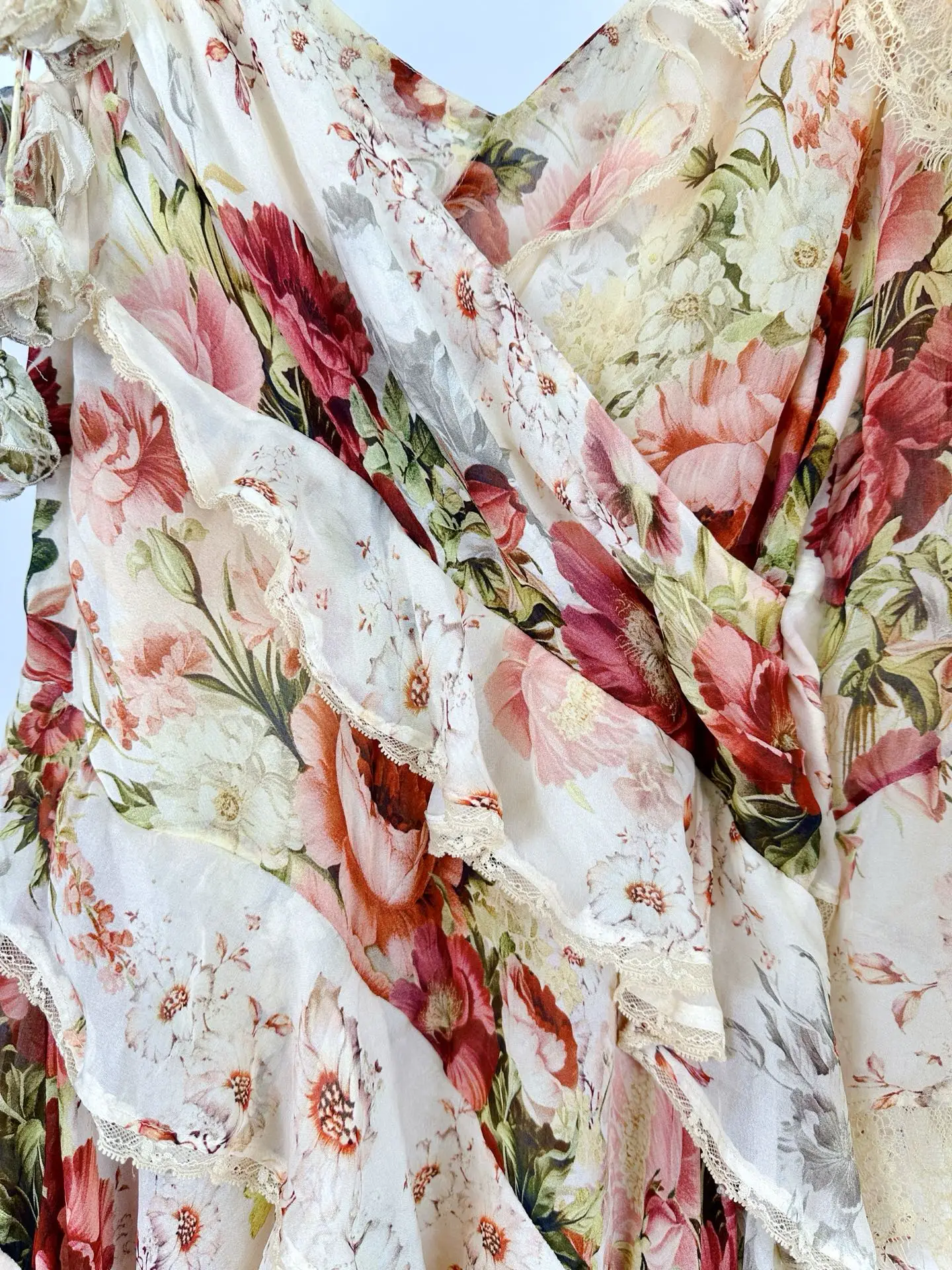 2025 novas mulheres flor impressão maxi vestido renda costura em camadas com decote em v de um ombro elegante senhoras 100% seda robe