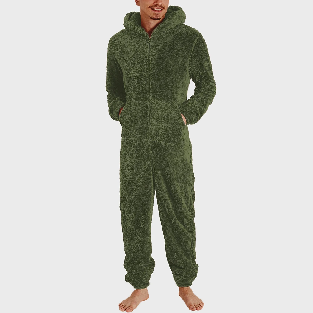 Men New Warm Hooded Pajamas Winter Adult Casual Jumpsuits Couple Zipper Warm Fleece Slim Sleepwear One-Piece Sleep Lounge Pajama