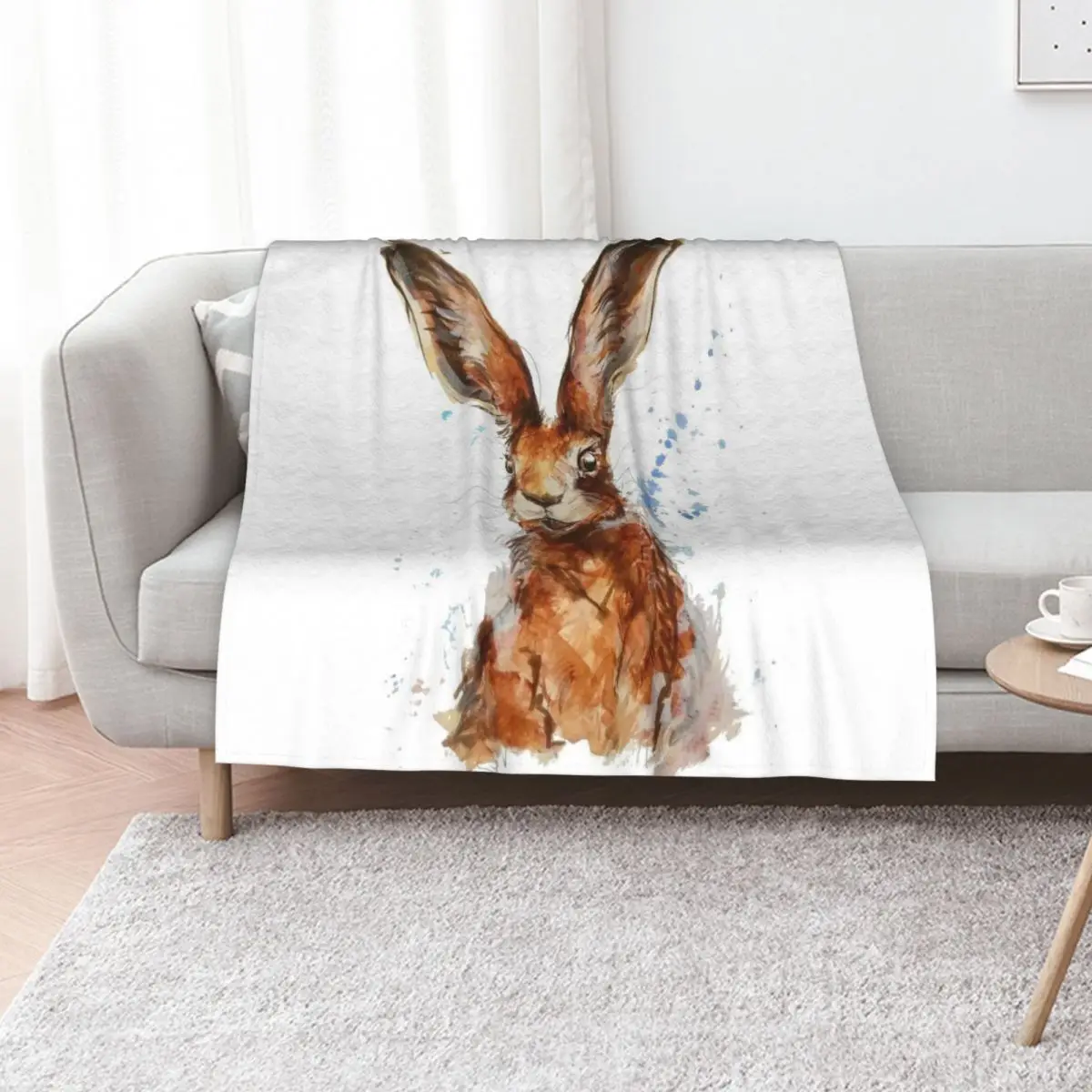 Watercolour Hare Painting Throw Blanket Cute Furry Picnic manga Sleeping Bag Retros Blankets