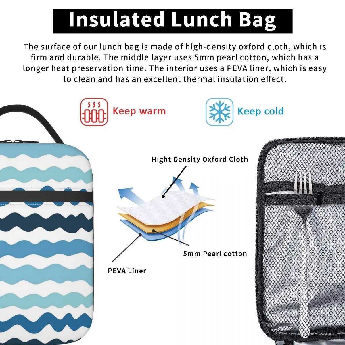 Abstract Blue Wave Pattern Calm Ocean Inspired Design Insulated Lunch Bag for Women Kids Food Boxes Thermal Lunch Box Tote
