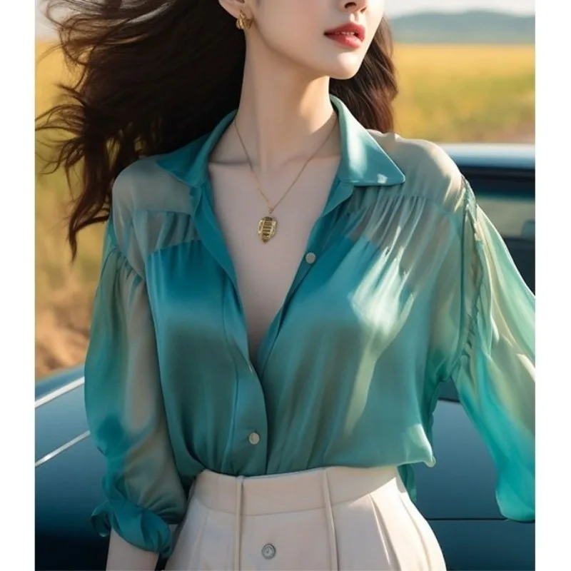 Turn-down Collar Solid Color Chiffon Button Lantern Long Sleeve Cardigan Women\'s Clothing Shirt All-match Spring Summer Tops