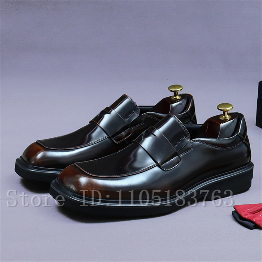 Bright Genuine Leather Men Business Shoes Square Toe Cowhide Slip On Loafers Handmade British Formal Dress Oxford Shoes