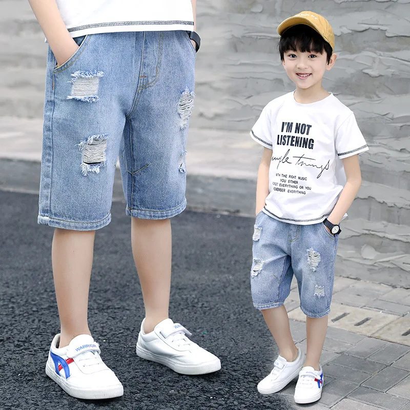 Kids Ripped Shorts for Boys Casual Denim Short Children Summer Beach Jean Shorts Child Solid Pant with Hole 6 8 10 12 14 Years