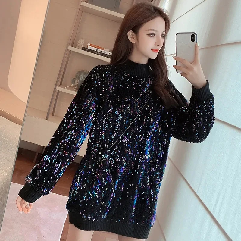 Sequin Pullover Top Women Autumn Winter Add Velvet Thickening Mini Dress Female Loose Korean Sweatshirt Lady Tops