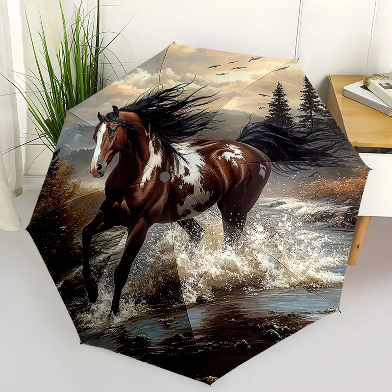 

Horse Pattern Automatic Folding Umbrella-compact 8 Rib Design, Suitable for Outdoor, Daily Use, The Best Gift