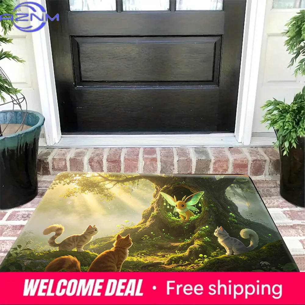 Enchanted Forest Fairy Creature Cute Cats Magical Sunlight Print Non-slip Absorbent Indoor Doormat Floor Rug