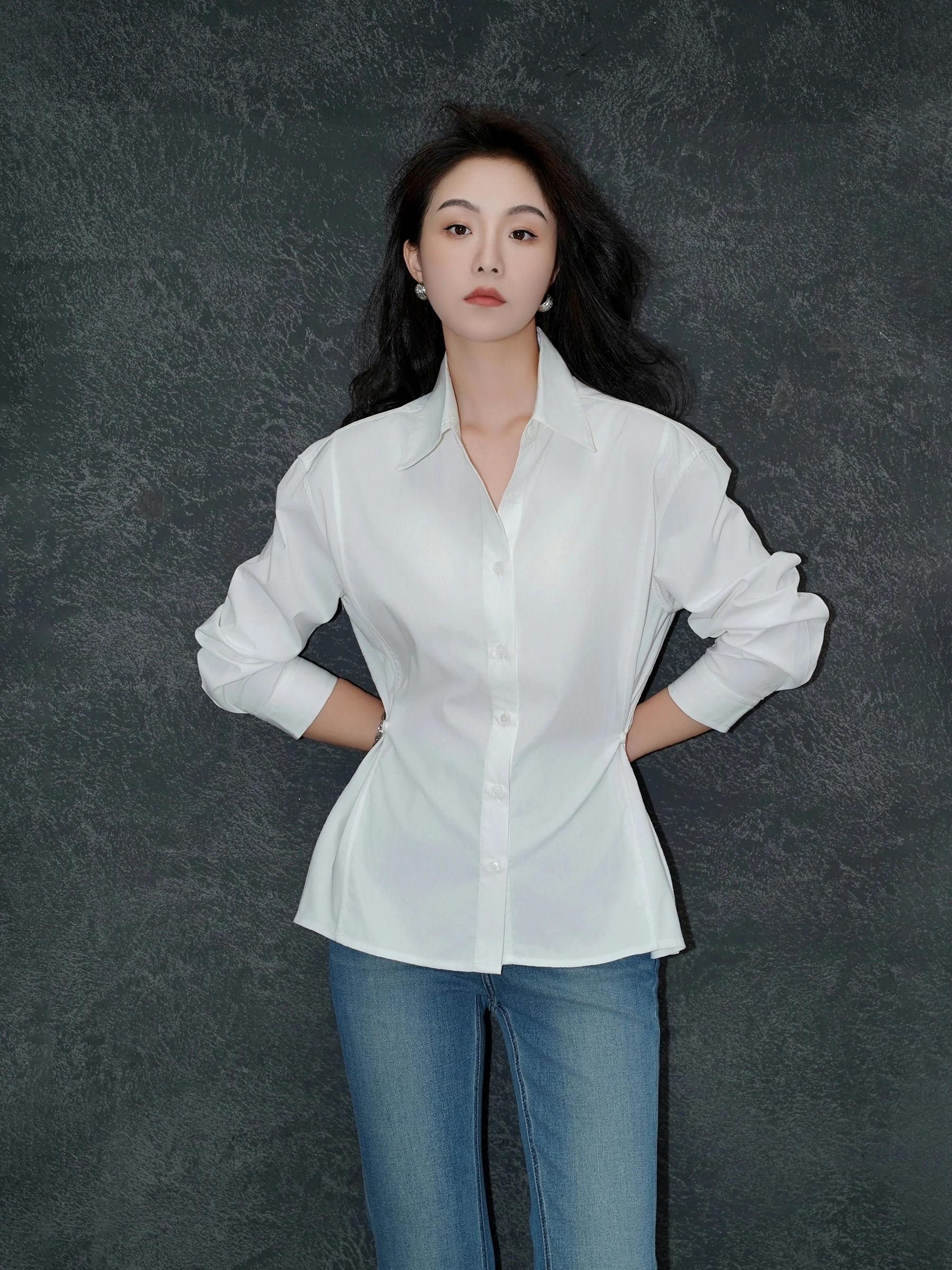 

Iron-Free Long Sve Slimming irt Women's Faion French Sle Cotton Polyester Blend Regular Fit Ne Pure Color irt