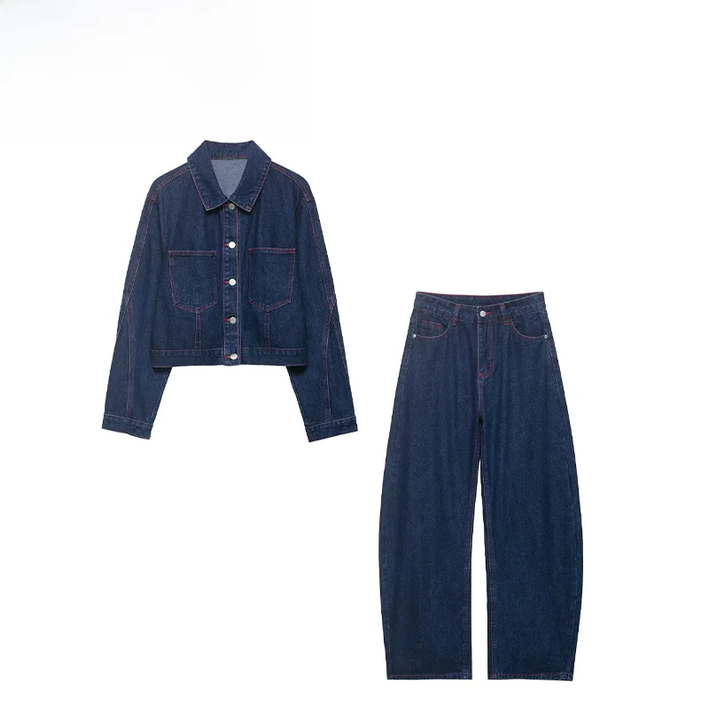 

Fashionable Heart Print Denim Jacket High Waist Straight Leg Jeans Women's Spring Collection Two Piece Set Long Sleeve Flip C...