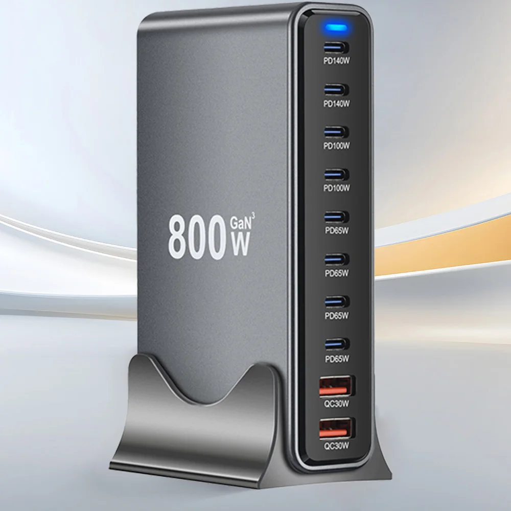 New Desktop Fast Charger Station 800W GaN USB-C PD 10-Port Charger Dual 140W PD3.1 Fast Charging Adapters for Mobile & Tablets