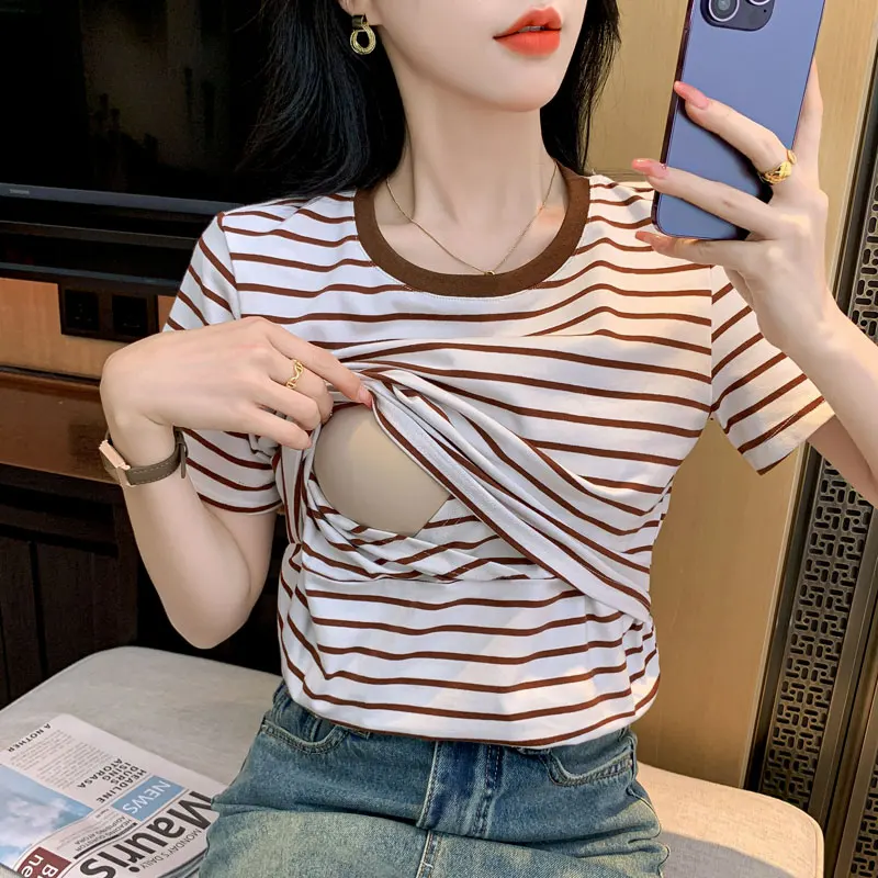 Maternity Nursing Tops Breastfeeding Top Striped Cotton T Shirt for Pregnant Women Summer Tees Short Sleeve Pregnancy T-shirt