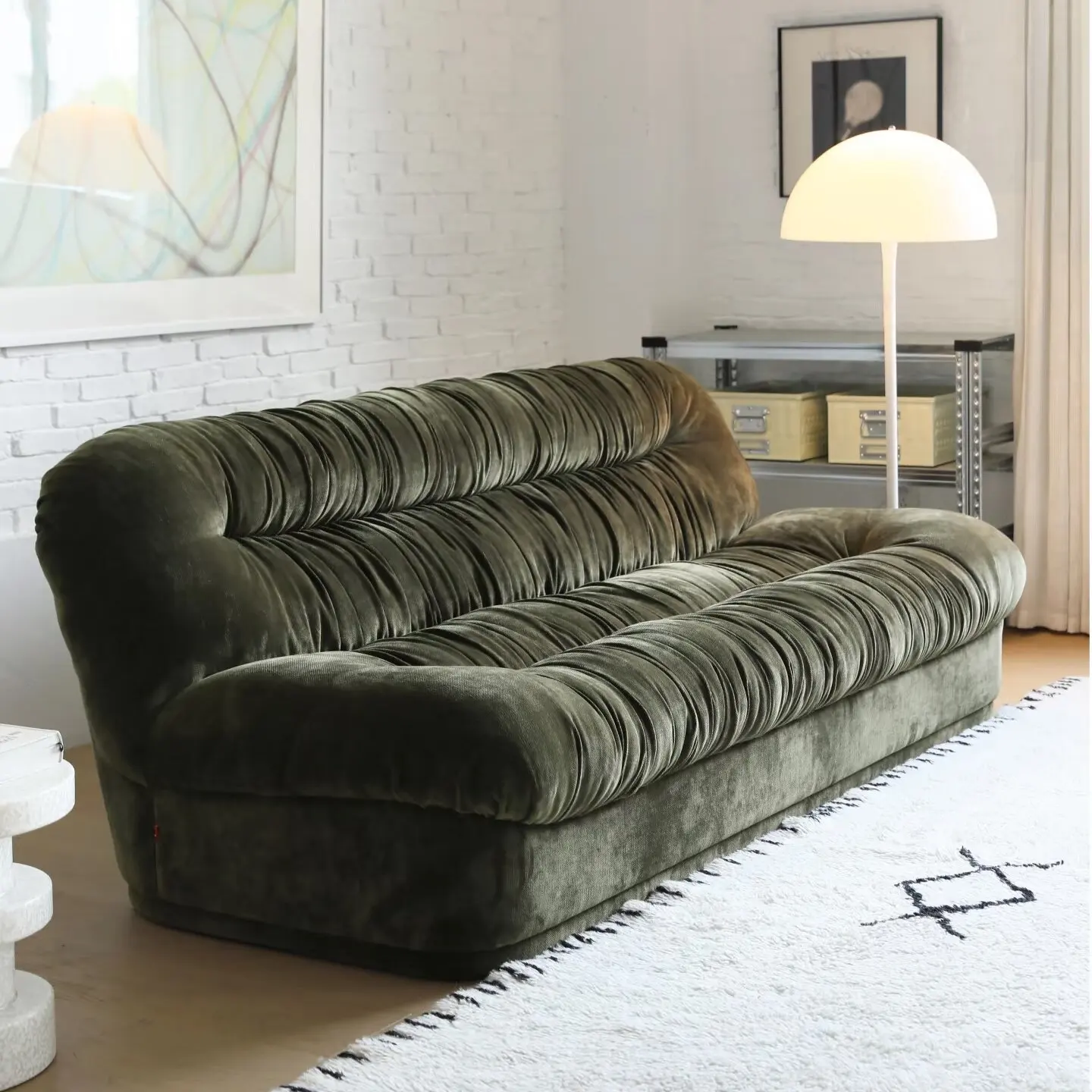 French Vintage-style Designer Sofa Pleated High-back Bagel-shaped Cloud-like Three-seater Living Room Eco-leather High-density