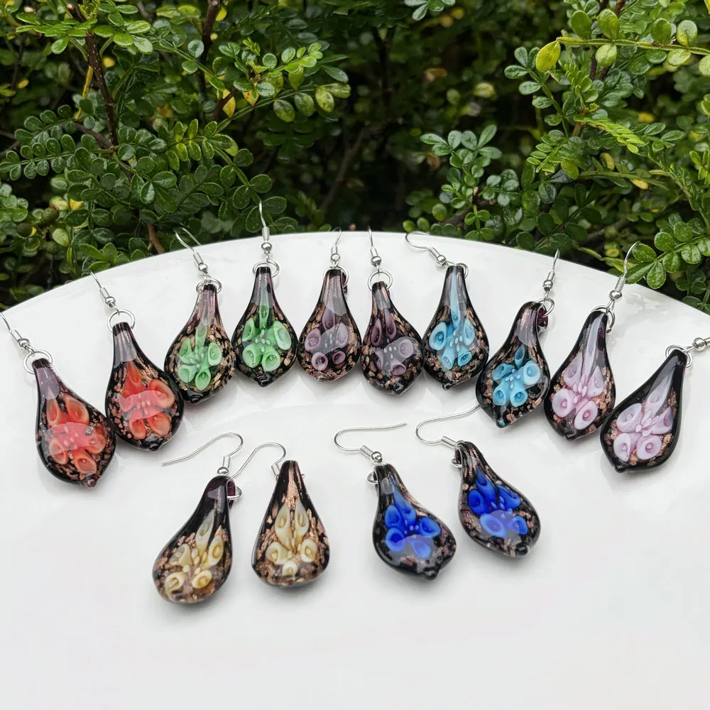 Handmade Murano Lampwork Glass Water Drop Earrings Inlaid 3D Flower Dangle Hook Earrings Vintage Ethnic Bohemian Jewelry Gift