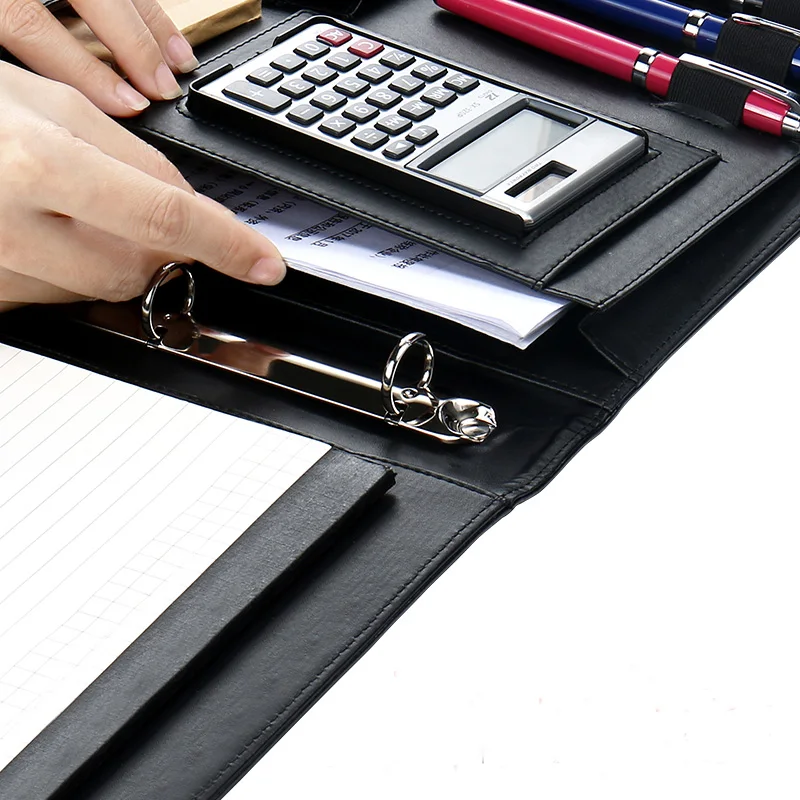 Business file folder organizer mulfifunction design A4 leather folder 4 ring binder notebook with calculator and Paper bags