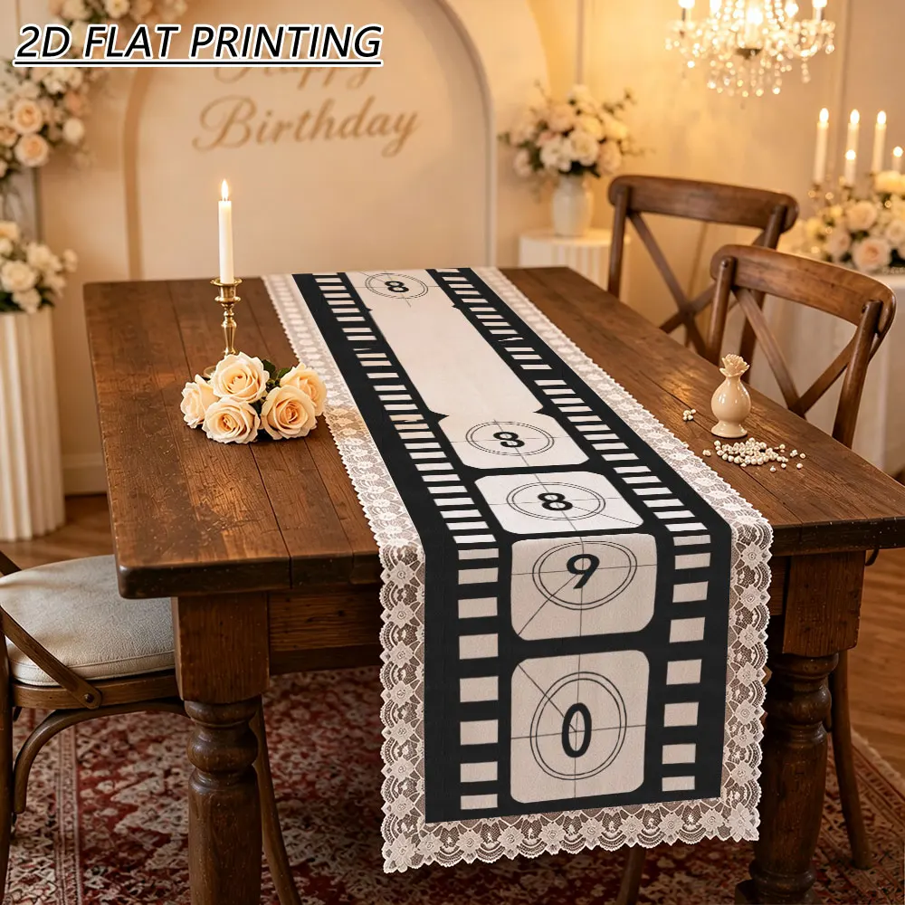 1pc Vintage Film Strip Pattern Tulle Lace Table Runner For Party Event Dining Table