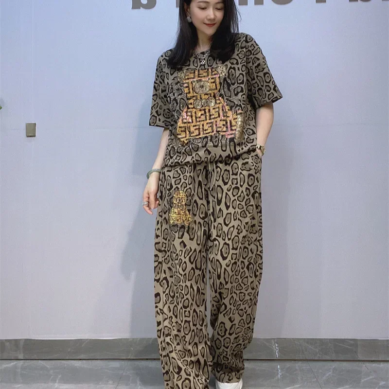 

Two Piece Sets Womens Outfits Vintage Style Leopard Pritned Cartoon Diamonds Summer Tracksuit Pant Sets Women Casual Knitwear
