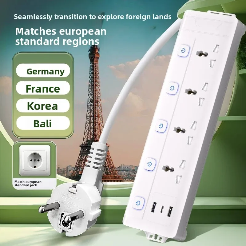 EU Standard Power Strip – Type E/F Socket Strip with Korea Conversion Plug, European Travel Extension Cord