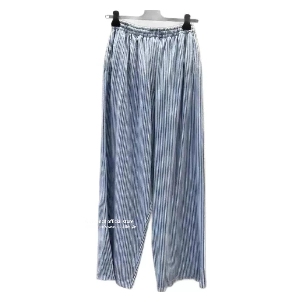 Firmranch New 2025 Blue Color-woven Striped Loose Straight-leg Casual Fleece Fabric Sleep Pants Sweatpants Casual Long Trousers view 5