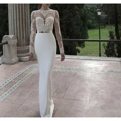 Bainha/coluna vestidos de casamento jewel neck até o chão rendas tecido elástico manga longa romântico sexy com faixas/fitas 2022