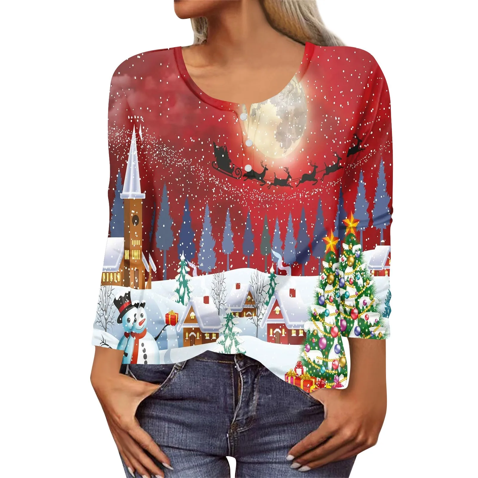 Women'S Christmas Tree T Shirt Snowman 3d Print T-Shirt Women Fashion T-Shirt Loose Long Sleeve Tops Tees Ladies Tees Oversized