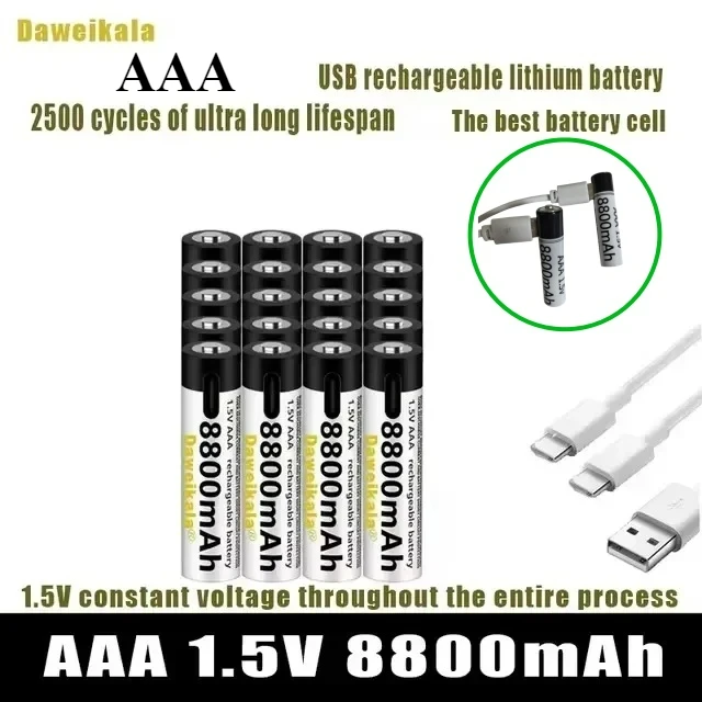 2024 New USB-C 1.5V AAA Battery Fast charging Li-ion Battery 8800mAh for Remote Control Mouse Electric Toy Battery +Type-C Cable