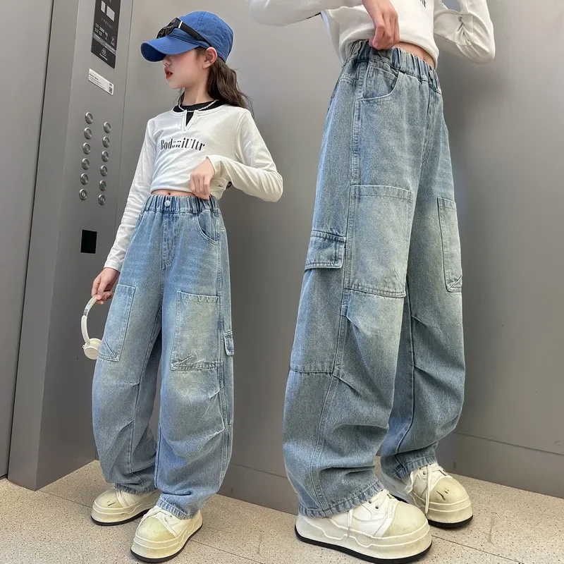 Girls Multi-Pocket Jeans For Spring Autumn Teenager Girls Denim Cargo Pants 2024 New Fashion Kids Trousers 6 8 10 12 14Years Old