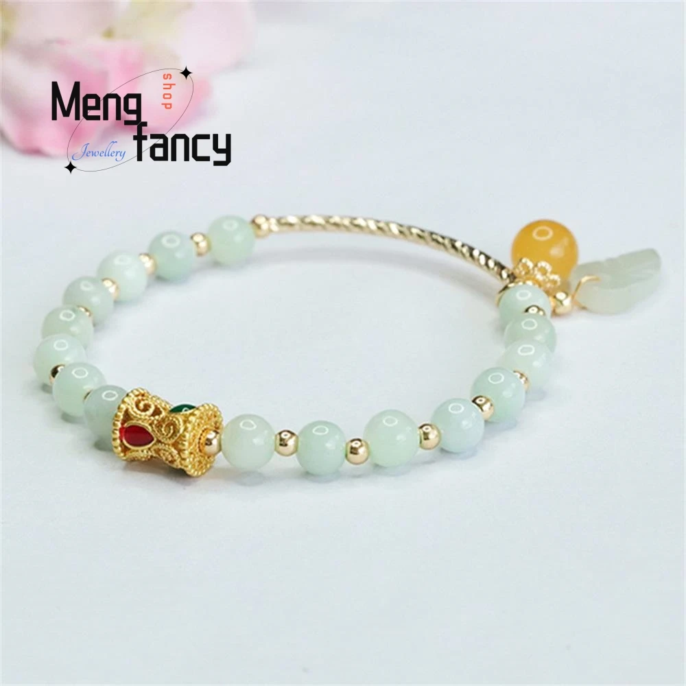 Natural Myanmar A-goods Jadeite Jade Leaf Half Bangle Shaped String Bracelet Exquisite Elegant Simple High-grade Fashion Jewelry
