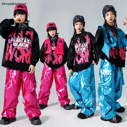 Boys K-pop Street Dance Solid Vest Sweatshirt Leather Shiny Cargo Pants Girls Hip Hop Clothes Sets Children Kids Jazz Streetwear