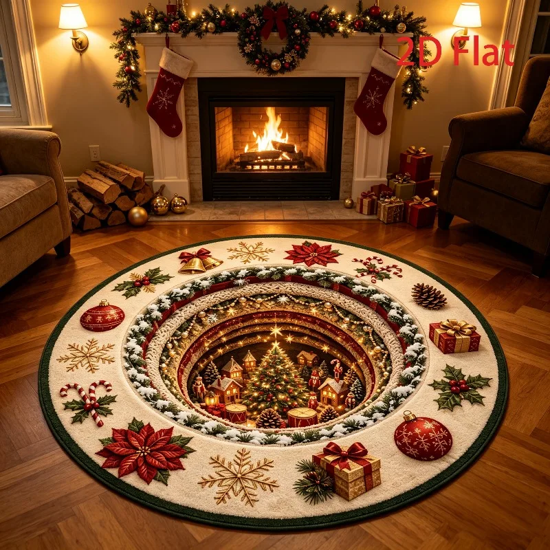 Christmas Retro Spiral Cave Round Rug Christmas Tree Village Atmosphere Carpet Luxury Decor Floor Mat for Bedroom Living Room