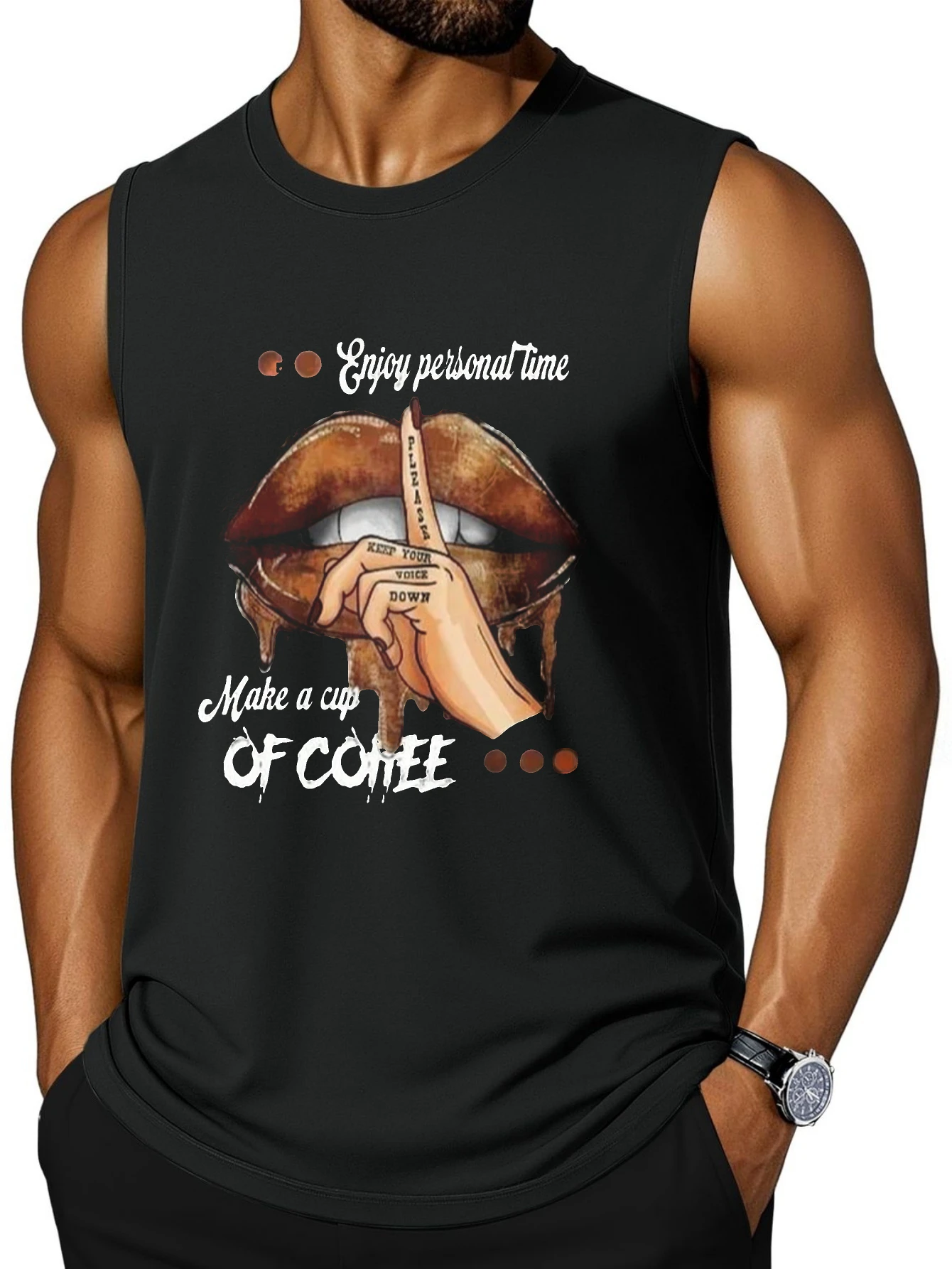 CLOOCL Enjoy personal time, make a cup of coffee printed vest, fashionable sports tank top, men's summer casual top