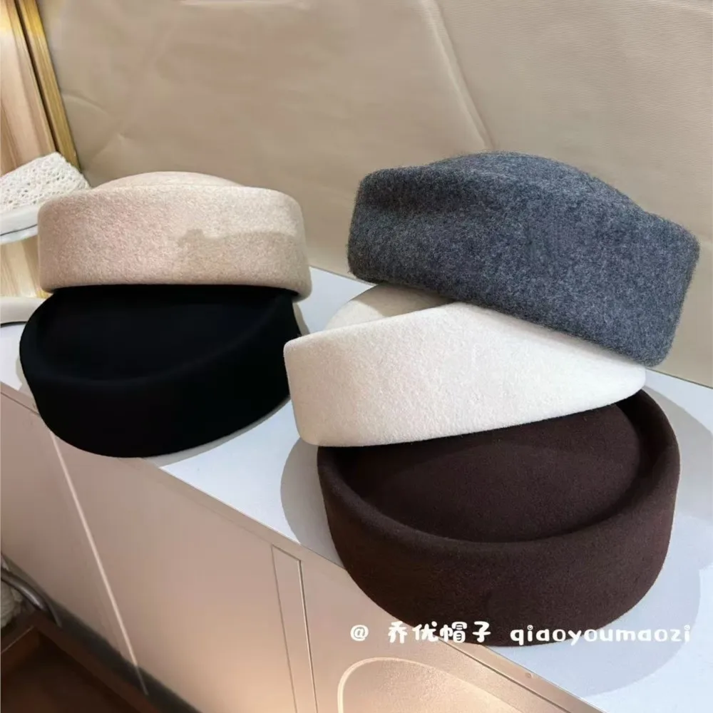 gift-lady-retro-solid-color-pillbox-hat-women-100-wool-flat-round-top-soft-warm-autumn-daily-headwear-fashion-outdoor-women