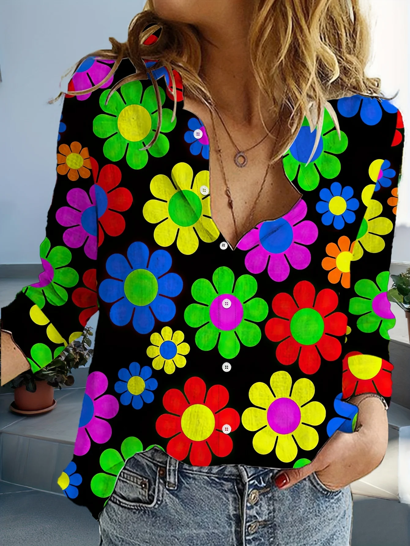 Women's Casual Flower Print Blouse Lapel Neck Blouse Women Long Sleeve Shirts Womens Clothing Casual Clothes Female Clothing