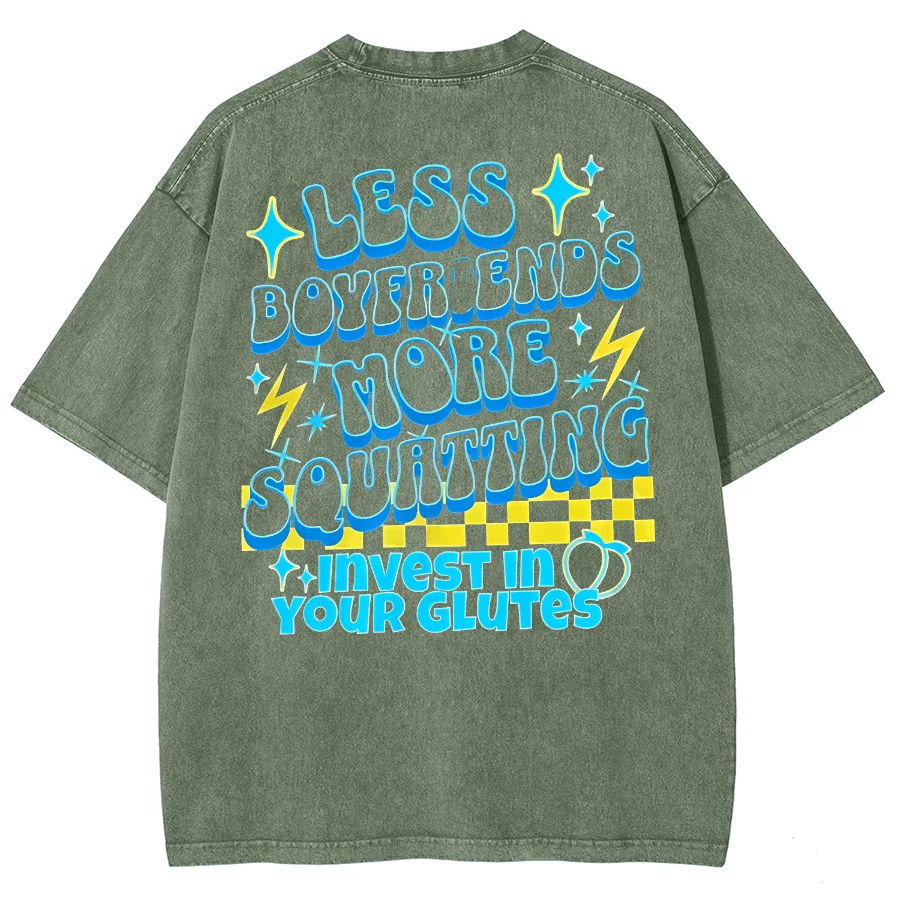 Color Three-Dimensional Letter Print T-Shirt High Gram Weight Washed Denim Neutral Style Round Neck Shoulder Short Sleeve