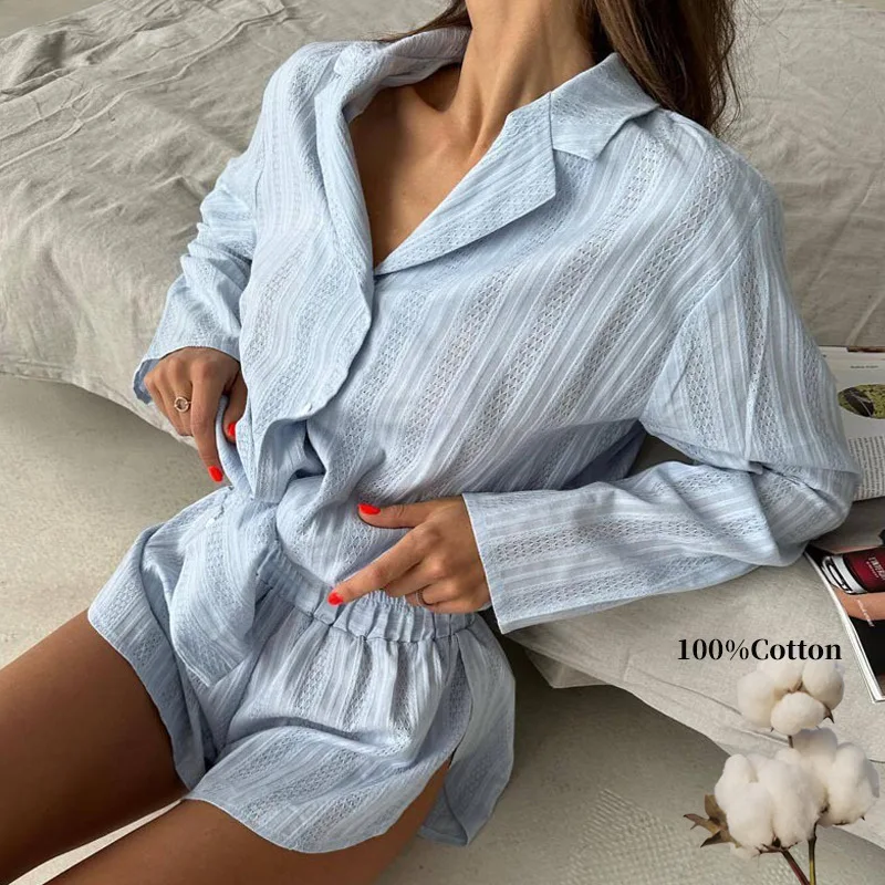 

100% Cotton Women Pajama Sets Autumn Women's Loungewear, Fashionable Long Sleeves Shorts, Shirt, Casual Homewear, Outside Suit