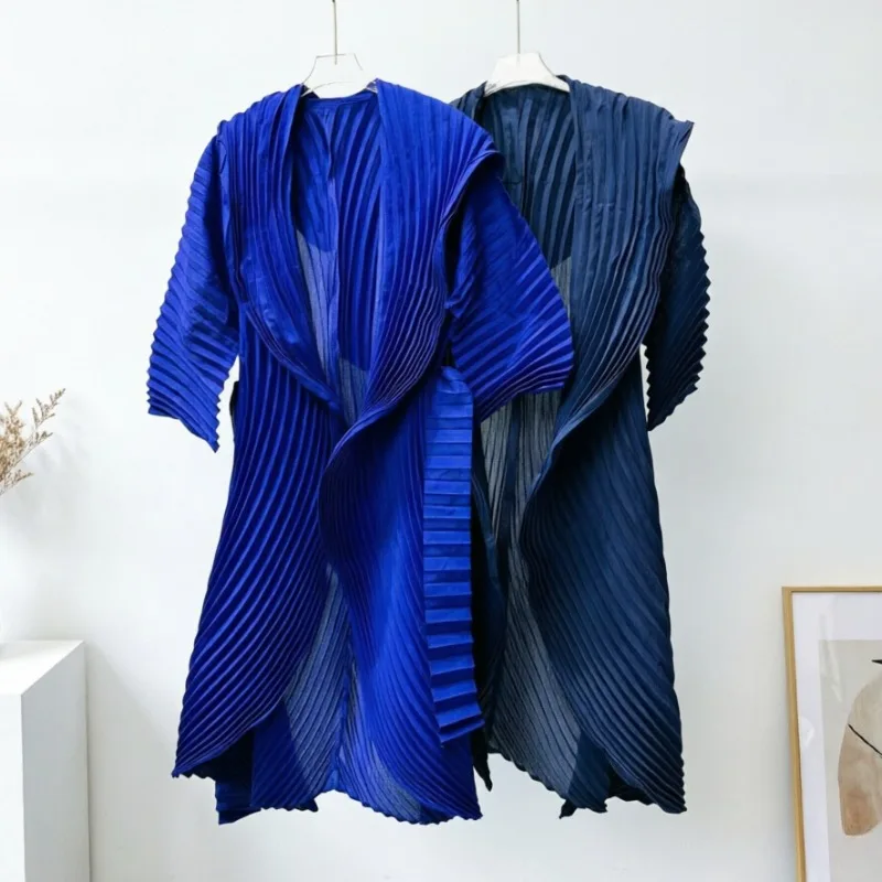 Miyake Pleated Cardigan 2026 Autumn New Simple Casual Fashion Elegant Tie-Up Coat Loose Plus Size Non-Iron Women Non-Iron Trench