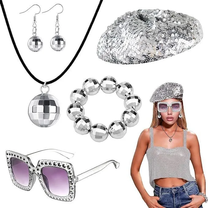 Halloween Disco Costume Accessories Set Women 70s 80s Disco Earrings Sequin Hat Sunglasses Stage Performance Props