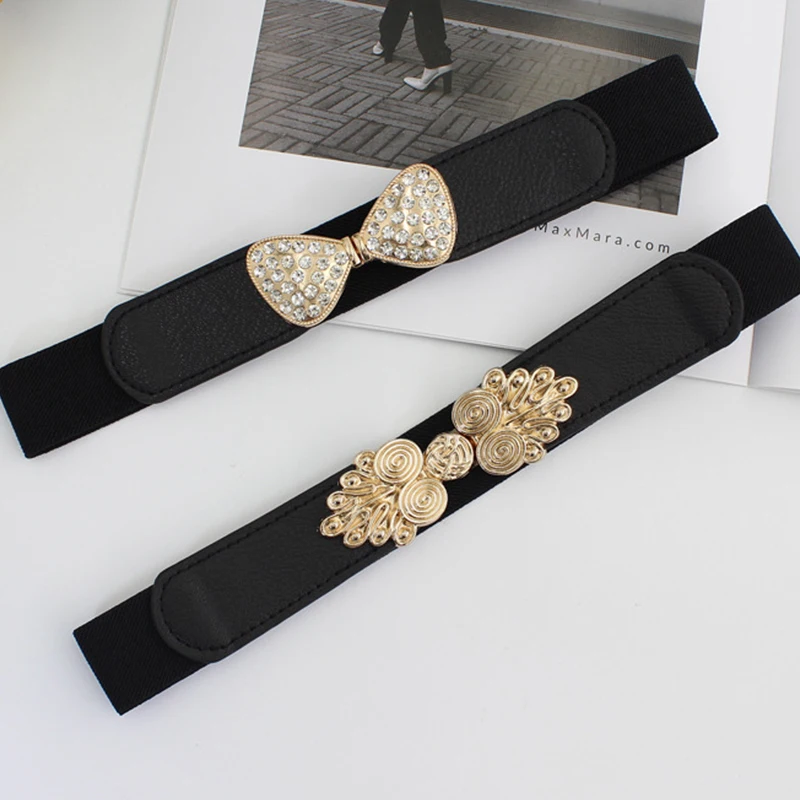 Retro Female Fashion Thin Elastic Stretch Waistband Crystal Bow Belt for Women Cinch Waist Seal Cummerband Clothing Accessories