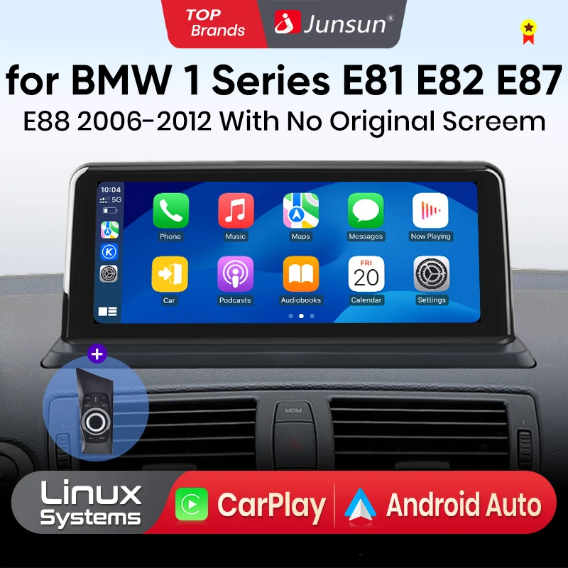 Junsun 10.25'' System Linux z Apple Bluetooth Wireless Carplay Android Auto, odtwarzacz multimedialny, radio samochodowe do BMW serii 1 E81 E82 E87 E88 2005-2012 z systemem iDrive CCC CIC, ekran