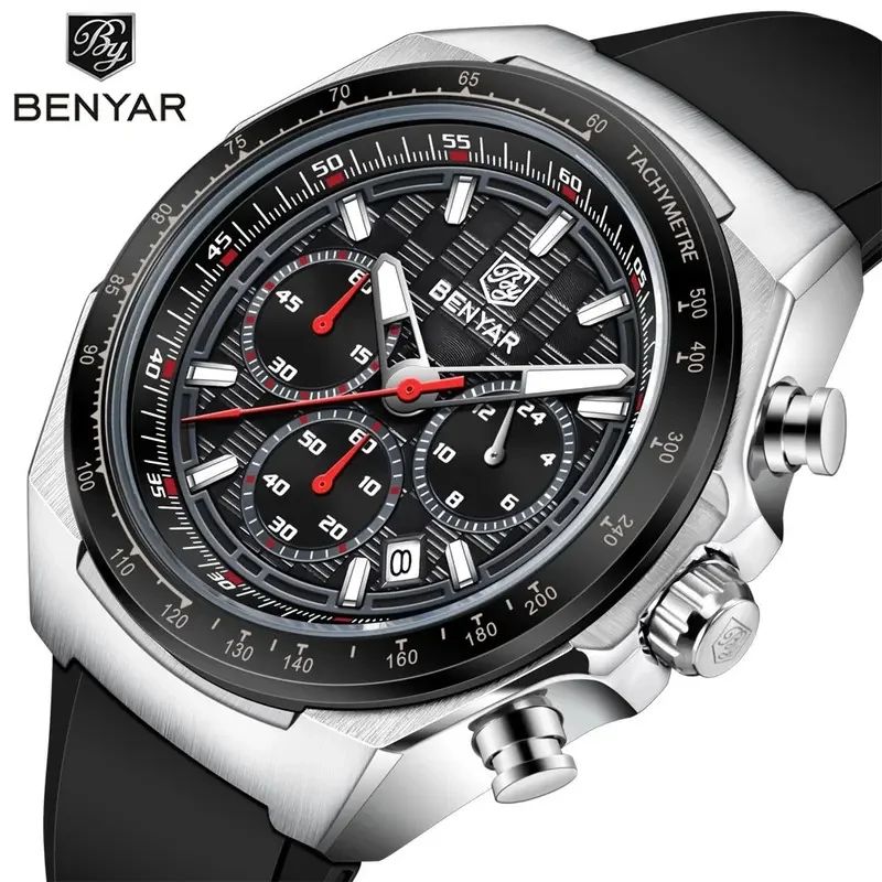 BENYAR Men's Sports Military Quartz Watch Silicone Strap Fashion Business Chronograph Waterproof Wristwatch Relogio Masculino