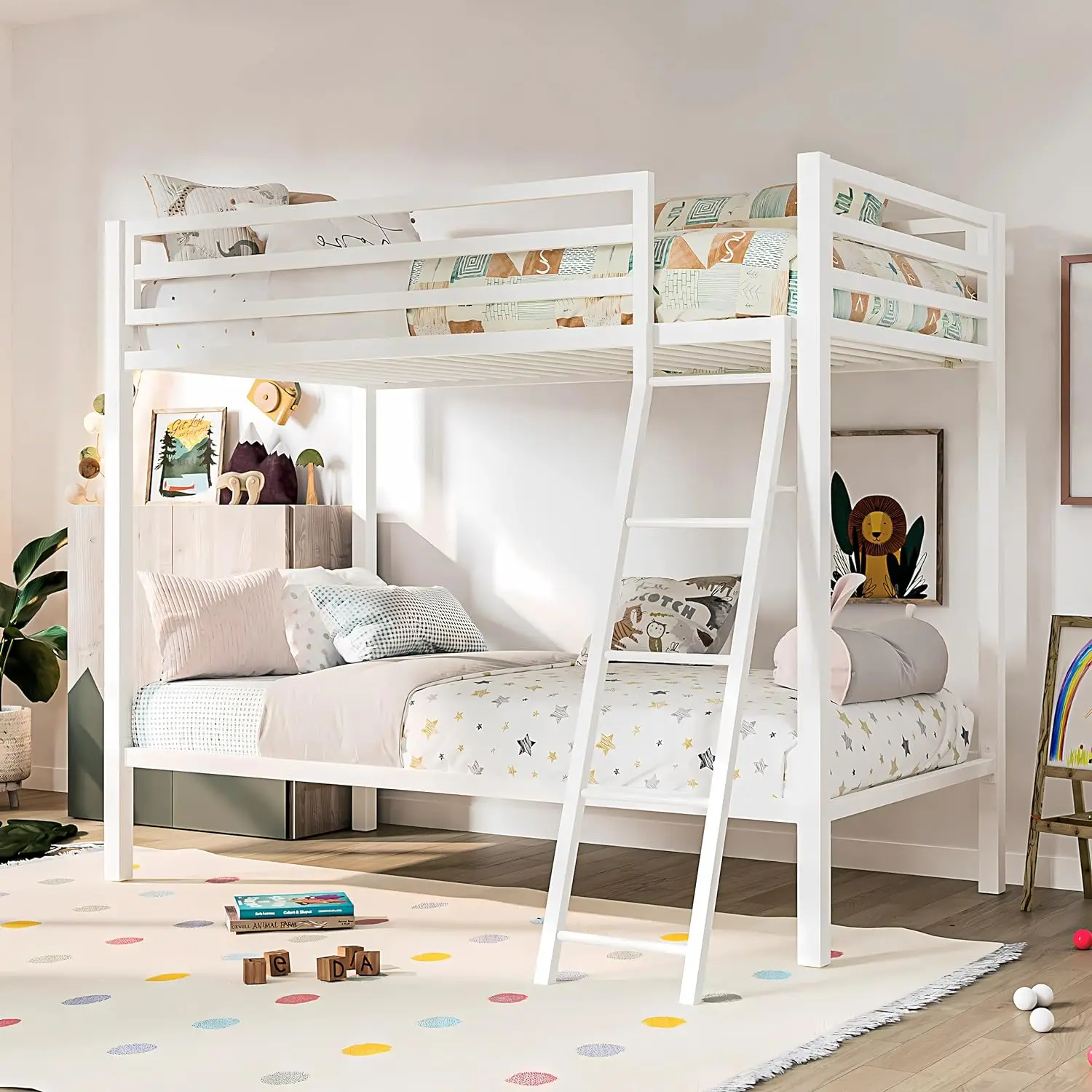 

Bed Twin Size with Ladder for Junior, Metal Twin Bunk beds with Safety Full-Length Guardrail, Space-Saving/No Box Spring Needed