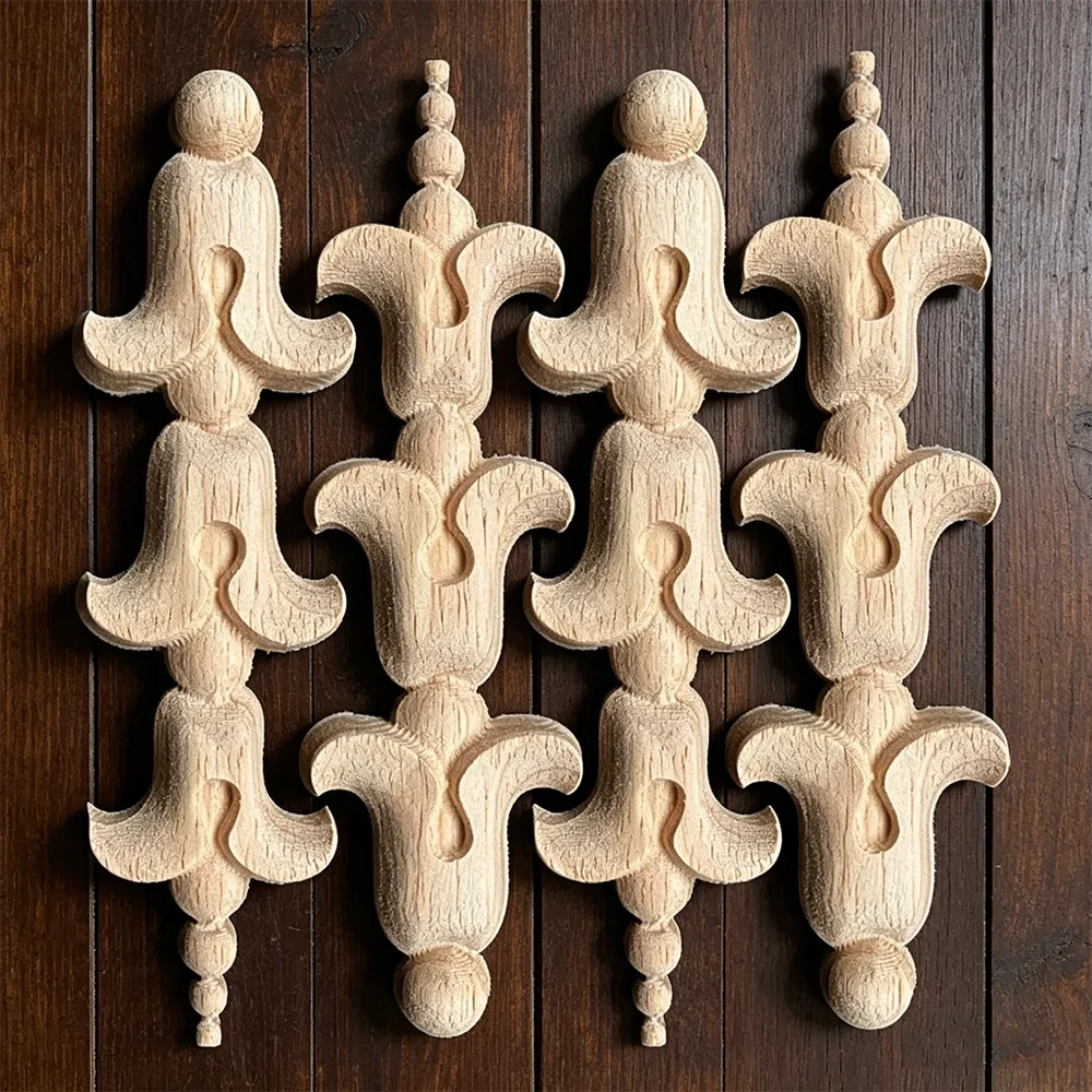 

4PCS Decoration Accessories Solid Wood Applique Carved Flower Wood Mouldings Woodcarving Furniture Vintage Home Horn Flower