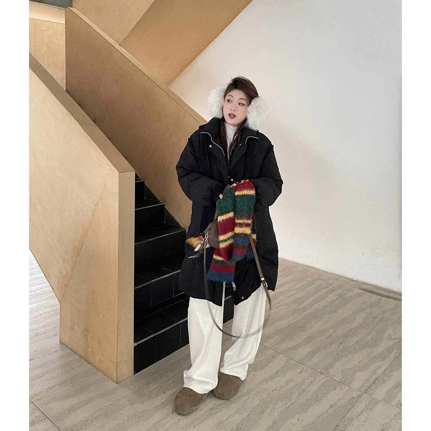 LIEDU Korean Minimalist Quilted Puffer Parka Women Knit Shawl Trim Front Pocket Oversized Thick Warm Winter Casual Daily Outfit