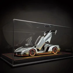 Clear Acrylic Display Case with Ambient Lighting and Backdrop Leather Bottom Cool Car Model Dustproof Display Cabinet