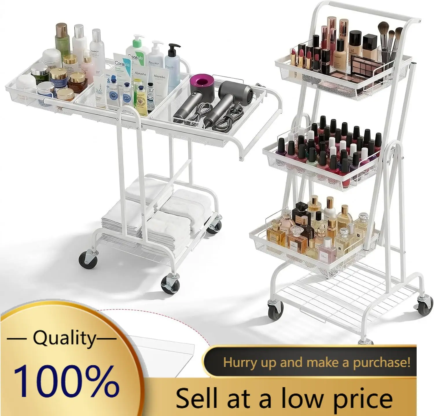 Makeup Organizer Cart (Detachable Tabletop) with Drawer-4 Tier | 90° to 180° Adjustable Metal Beauty Cart with Enlarged Wheel Mo